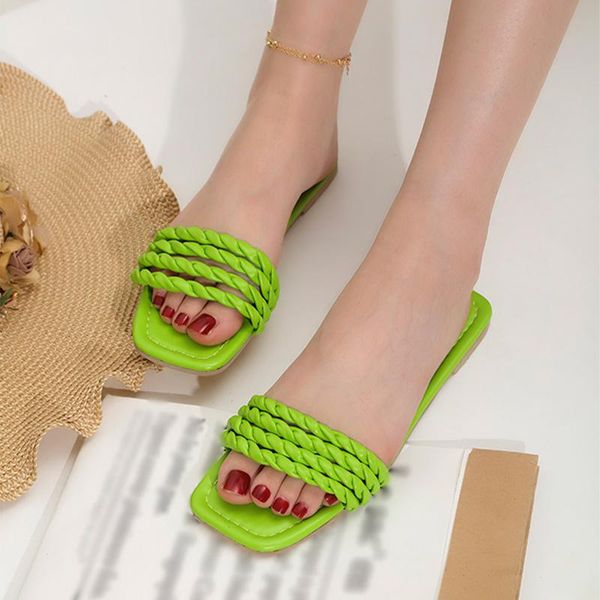 

slippers ladies slides weave square toe women 2021 fashion casual beach flats plus size female sandals pu leather women's shoes, Black