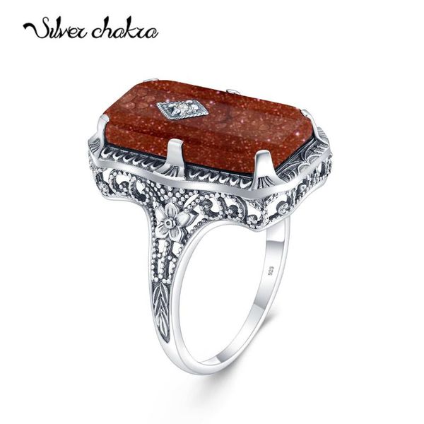 

silver chakra rings for women 925 sterling ring vintage unique design obsidian inlaid zircon jewelry cluster, Golden;silver