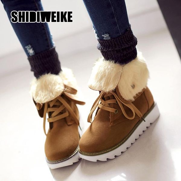 

winter snow boots flock round toe for women ankle fashion thick bottom lace shoes v676, Black