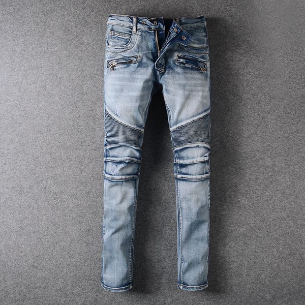 

men's jeans retro distressed stitching style designer jeans slim feet biker pants, Blue