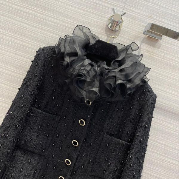 

women's wool & blends high-end tweed black coats for women fashion pearls beading coat 100% silk turtleneck long sleeve winter
