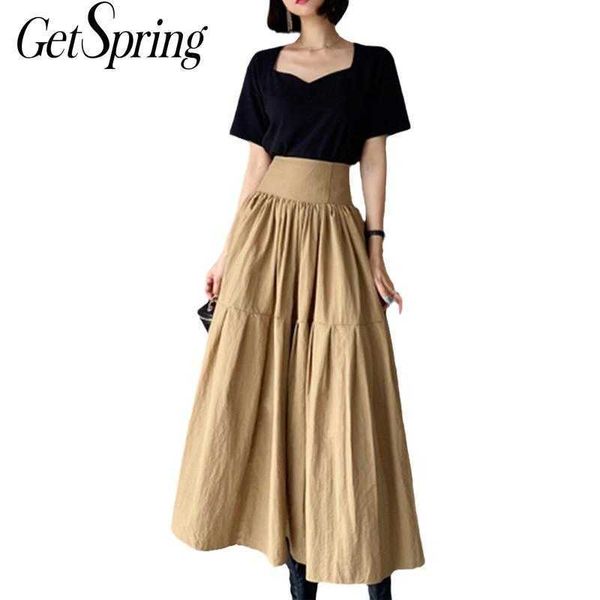 

getspring women sets retro skirt chic puff sleeve woman shirt high waist loose long pleated two piece spring 210601, White