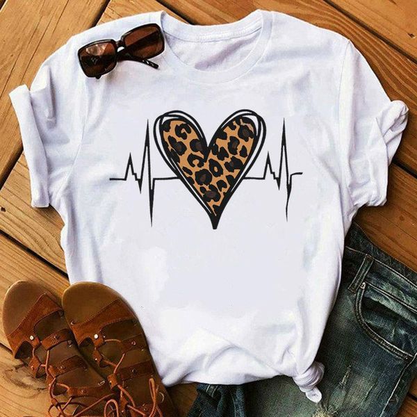 

women's t-shirt leopard love heartbeat print t shirt women summer short sleeve vogue white tee harajuku female