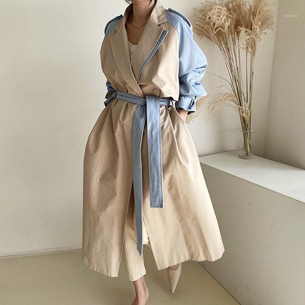 

women's trench coats korean chic autumn retro lapel design sense stitching contrast color belt waist long windbreaker jacket, Tan;black