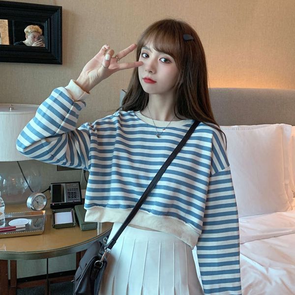 

women's hoodies & sweatshirts hoodie short sweater spring and autumn thin korean fashion ins loose small versatile stripe clothes 5le2, Black