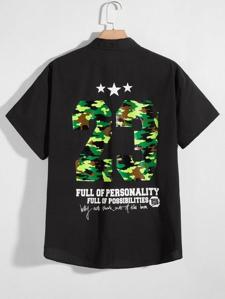 

men camo number & slogan graphic flap pocket shirt p2gk#, White;black