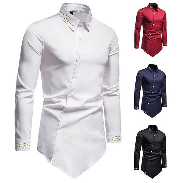 

men's casual shirts 2021 hollow european size trend splicing asymmetric long-sleeved shirt western denim slim fit social dress, White;black