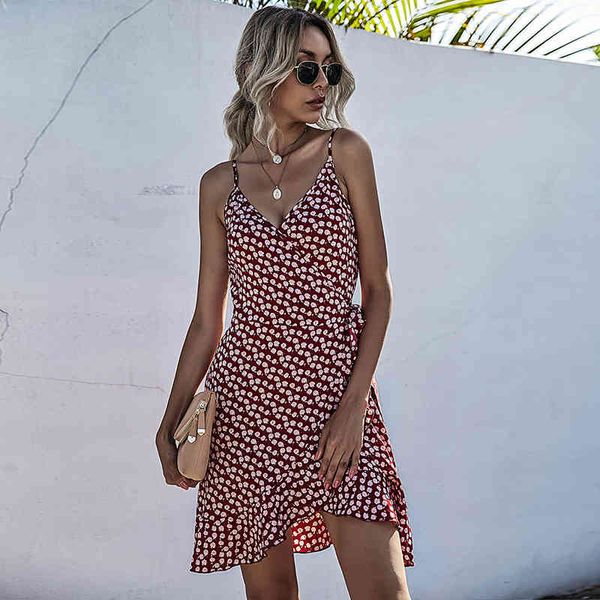 

summer spaghetti strap short dress women new v neck sleeveless ruffles floral dress ladies casual slim party dresses 210413, Black;gray