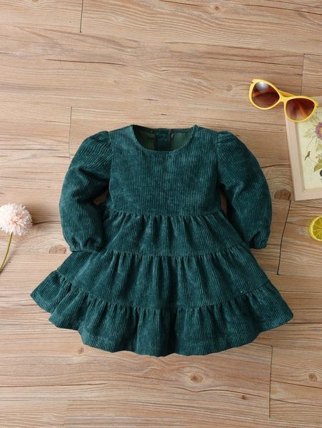 

baby corduroy button back puff sleeve ruffle hem dress she, Red;yellow