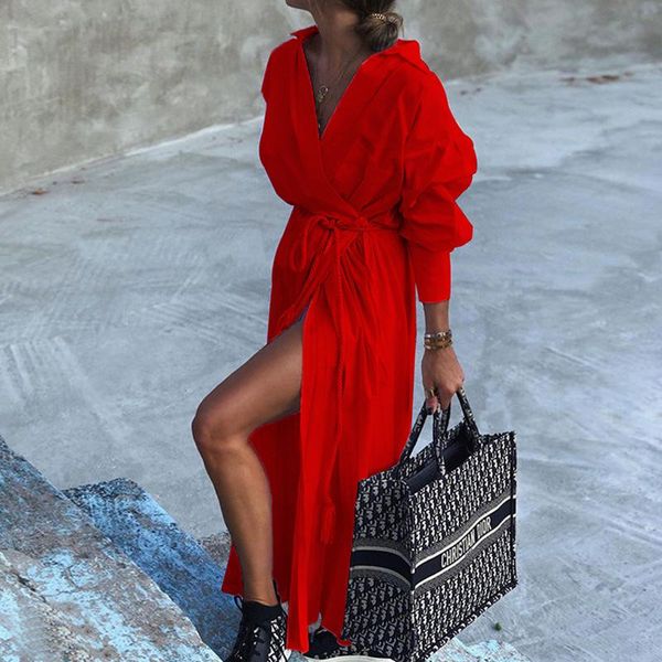 

casual dresses spring autumn women deep v neck belted party dress elegant turn-down collar split maxi long sleeve pure, Black;gray