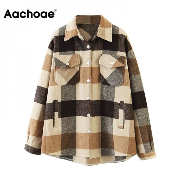 

aachoae loose casual wool plaid jacket women turn down collar fashion coat with pockets autumn long sleeve ladies jackets coats 210722, Black;brown