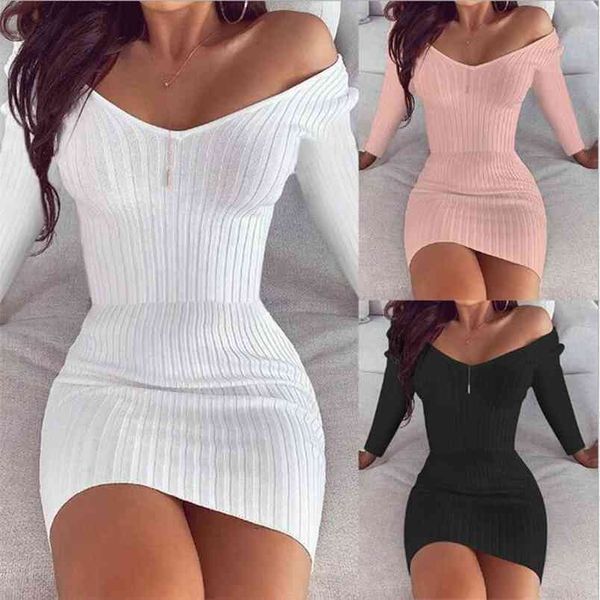 Autunno Donne Sexy Vestito Aderente Solido Scollo A V Manica Lunga Sottile Costola Lavorato A Maglia Mini es Sottile Rosa Nero Bianco Vestidos 210522