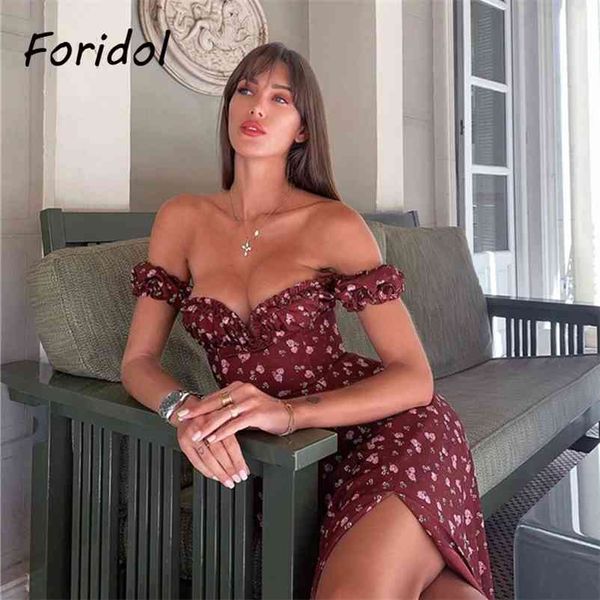 Foridol Abito a fessura con stampa floreale con spalle scoperte Abito lungo Boho estivo da donna Vestito rosso da spiaggia a trapezio con maxi abito rosa 210415