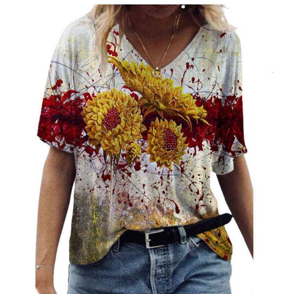 

women's t-shirt spring / summer 2022 women's printed v-neck short sleeve casual comfortable loose t-shirt, White