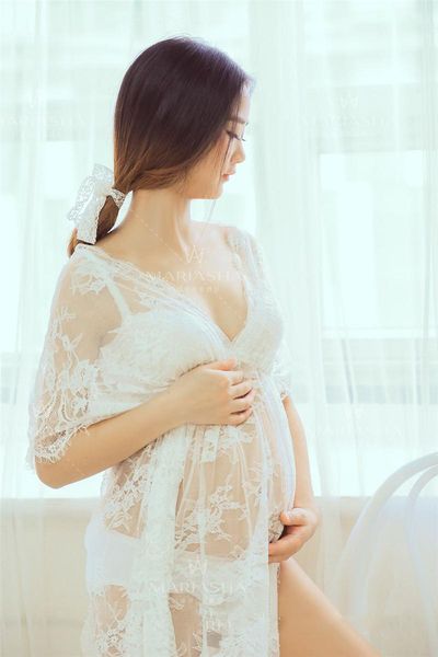 

fashion maternity tulle long dresses baby shower cotton dress stretchy pregnancy pography with cape train, White