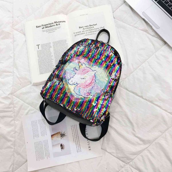 

hbp non-brand simple and versatile female korean schoolbag fashion unicorn sequin backpack 3 sport.0018