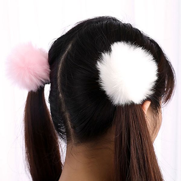 

pack of 10 5cm-8cm faux rabbit fur pompoms rubber elastic bands soft hand made ball scrunchies hair accessories, Pink