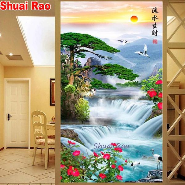 

diamond painting large waterfall landscape tree bird,5d diy round embroidery for china style natural spring scenery,