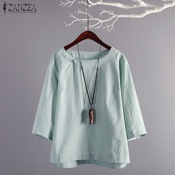 

zanzea 2021 plus size womens tunic vintage linen blouse female plate button shirts chemise casual summer blusas kaftan tee, White