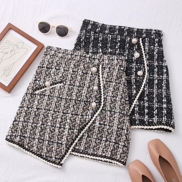 

skirts tweed for women solid high waist slimming autumn spring 2021 buttons double breasted wool mini skirt, Black