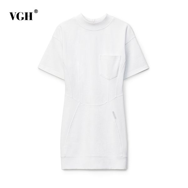 

vgh white casual dress for women o neck short sleeve high waist patchwork pocket zipper minimalist mini dresses female tide 210421, Black;gray