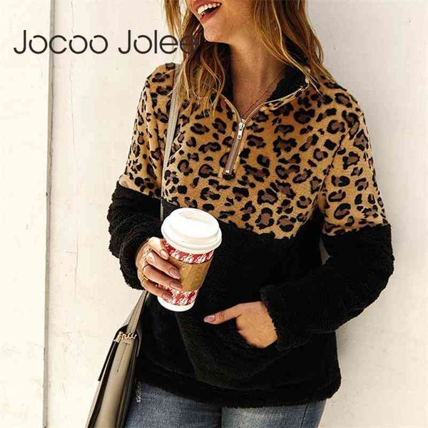 

women zipper turtleneck fleece hoodies casual leopard print patchwork loose sweatshirt vintage pocket thick warm 210416, White;black
