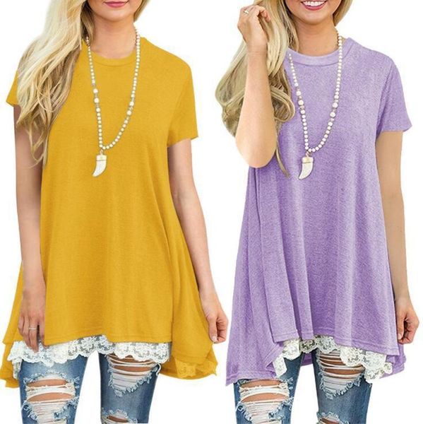 

t-shirt women's spring short sleeve round neck stitched lace er33, White