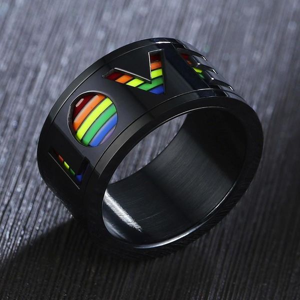 

cluster rings enamel rainbow striped spinner men ring with cutting love 11mm wedding band stainless steel tube in black, Golden;silver
