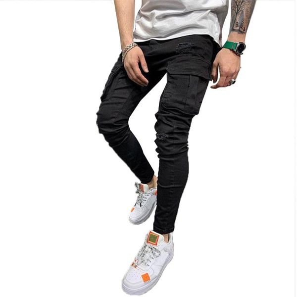 

men's jeans cargo pants pocket men skinny hole trousers black denim jogger casual long pencil clothing, Blue