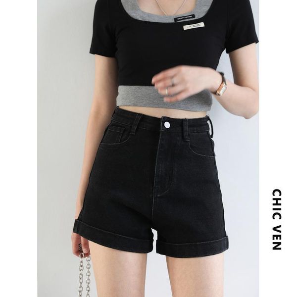 

women's shorts high waist cuffed a-line denim women chic summer 2021, White;black