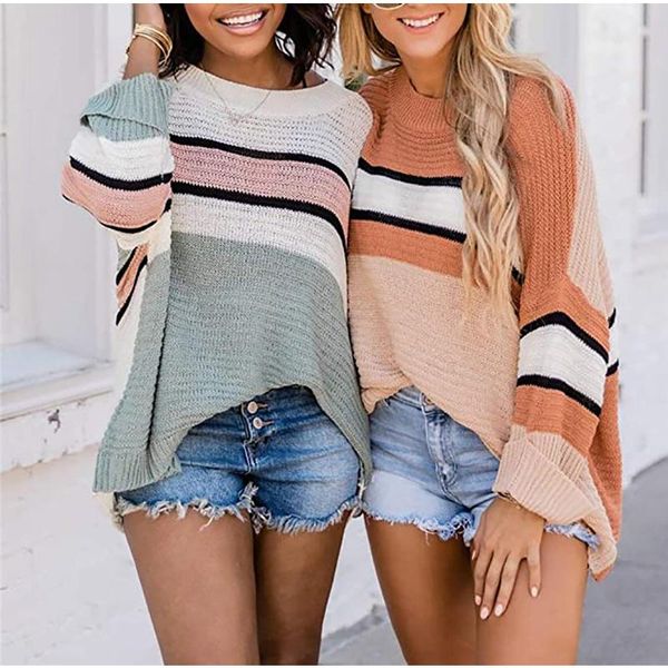 

women's sweaters autumn and winter woman clothes stripe splicing long sleeve blouses clothing for fall sweater 2021, White;black