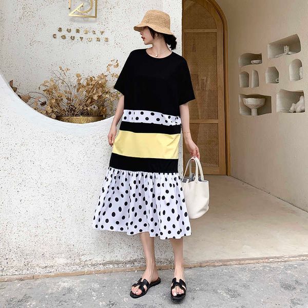 

vanvich spring and summer pluz size fashion women dress round collar wild cotton dot short sleeve clothing 210615, Black;gray