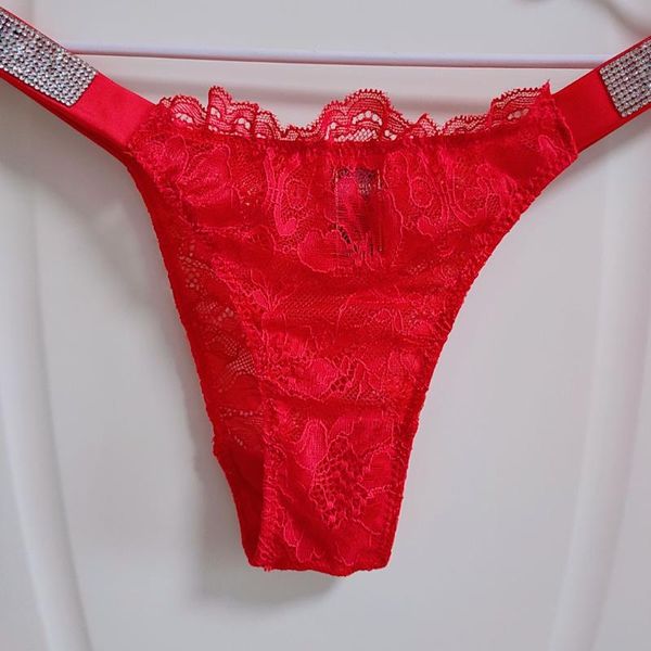 

women's panties luxury lace letter rhinestone underwear bikini high waist traceless t-pants ice brand diamond flash pants, Black;pink