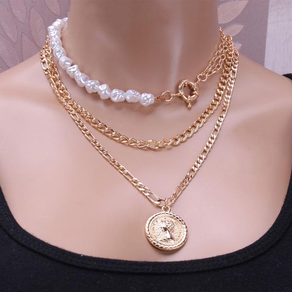 

chains layered baroque pearl choker colar thick necklace for women fashion coin portrait neck jewelry necklaces 2021, Silver