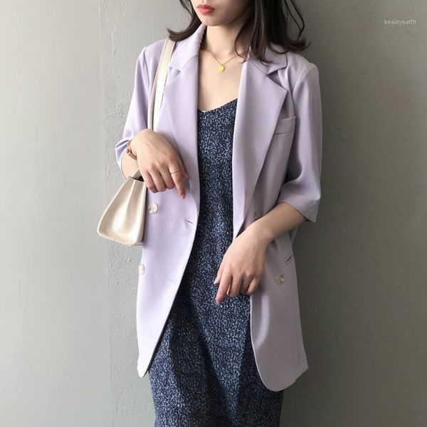 

[ewq] 2021 spring sweet women jacket korea half sleeve double breasted thin blazer simple loose purple ladies office coat women's suits, White;black