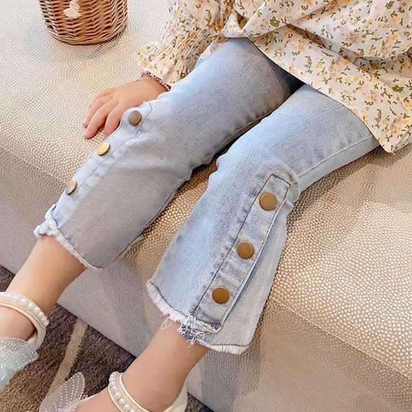 

jeans for baby girl bell bottom spring fall children's clothes slim flared pants trousers stretch side buttons, Blue