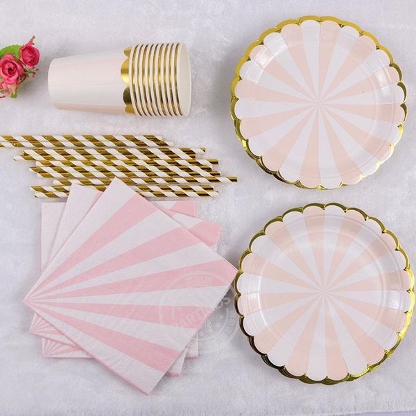 

disposable dinnerware 65pcs tableware party pink sheet of wave plaques striped straws cups napkins supplies holder cake graduation