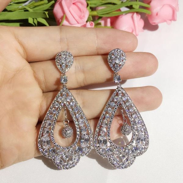 

dangle & chandelier vintage design large party earring jewelry cubic zirconia setting long flower drop big size fancy earrings for women, Silver