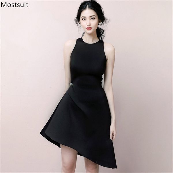 Vintage Schwarz Weißer Partykleid Sommer ärmellos asymmetrische Plus Size Damen elegante figurbetonte Kleider Koreanisch 210513