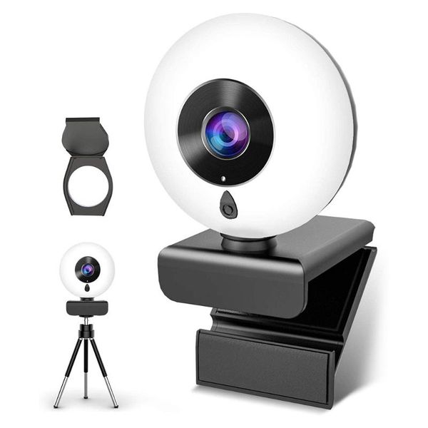 

mini cameras 2k usb webcam with microphone ring light-hd computer camera privacy cover & tripod for pc/mac/desklaptop