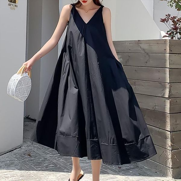 

boho loose japan young womens dresses girl pullover deep v big swing maxi long beach tourism summer fashion korean, Black;gray