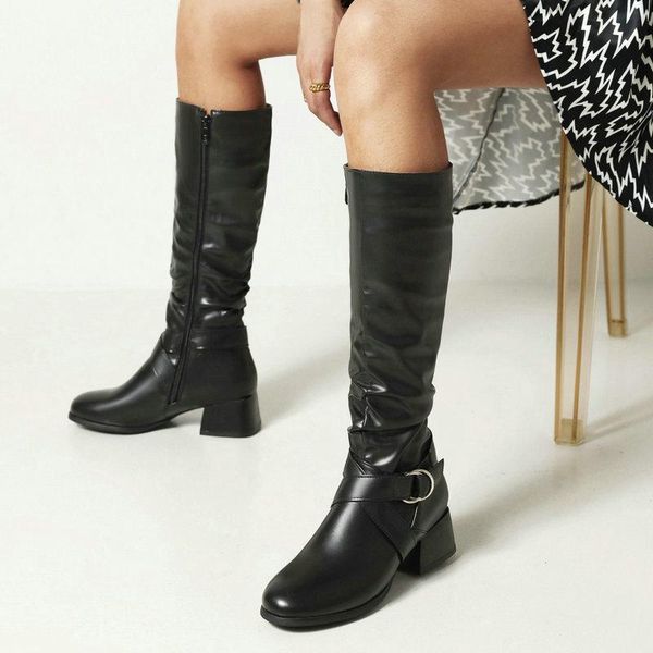 

boots aiweiyi woman thigh high black white round toe buckle design ladies knee fur warm winter shoes stiletto