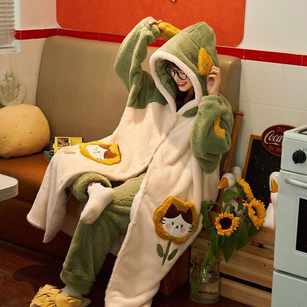 

women's sleepwear winter flannel long-sleeved thickening plus velvet coral fleece cute sets home service pajamas suits women, Black;red