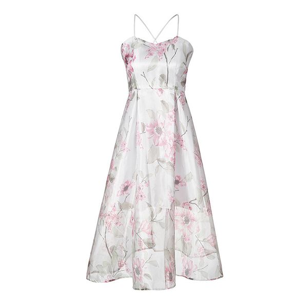 

paris girl summer strap v neck print suspender tulle perspective backless high waist party big swing maxi dress women 210524, Black;gray