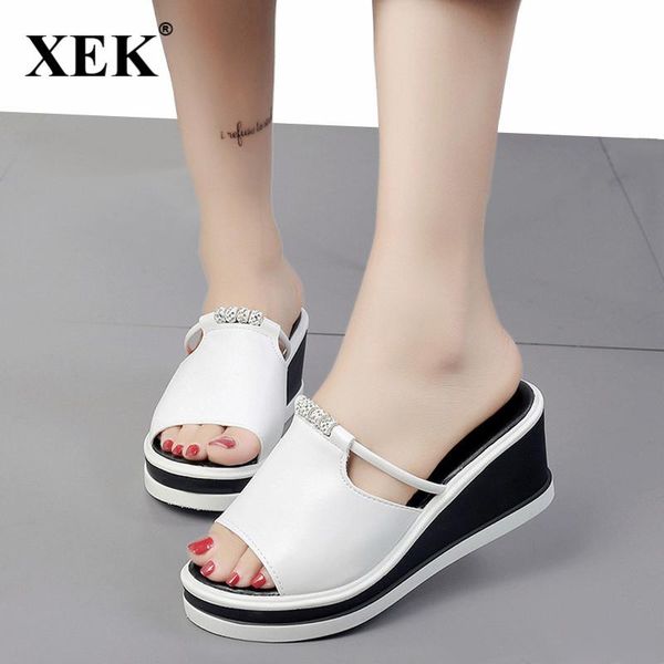 

women slipper sandals heels wedges platform leather peep toe crystal elegant female sandal ladies mules clogs summer shoes jdd44 dress, Black