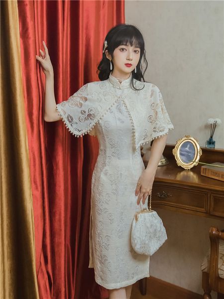

luxury casual dresses sito tong's ladi temperament improved lace cheongsam drs with small shawl two-piece set, Black;gray