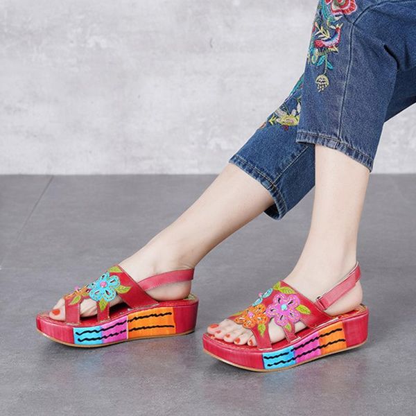 

dress shoes genuine cow natural leather flowers sewing sandals classics handmade 2021 for women's comfortable platform size 35-40, Black