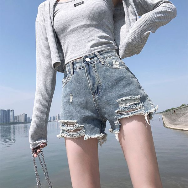 

women's high waist holed jeans shorts 2021 spring and summer new a-line light color loose grey black super short pants, White;black