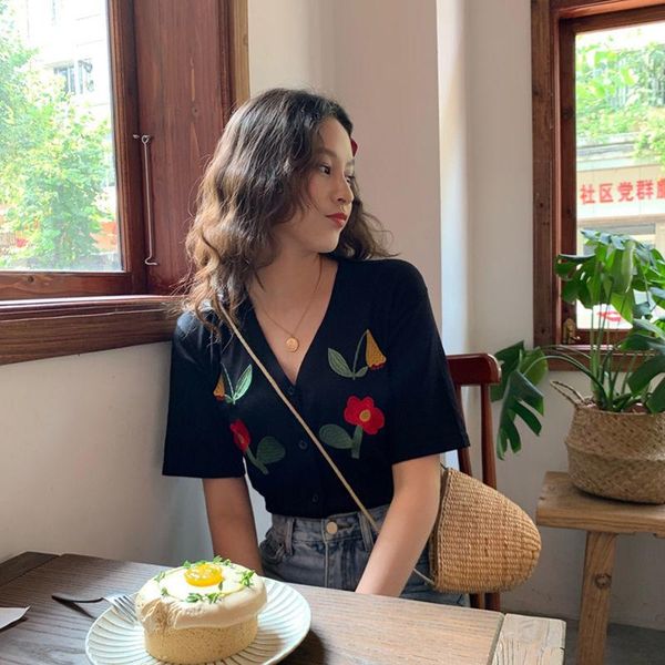 

women's t-shirt summer women fashion floral embroidery knitted cardigan t-shirts female casual v neck button short sleeve tees x263, White