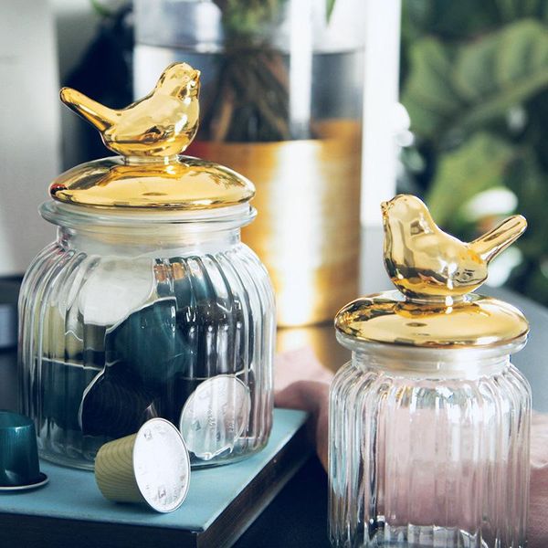 

storage bottles & jars nordic luxury tank gold-plated glass sealed candy can makeup cotton swab kitchen food containers